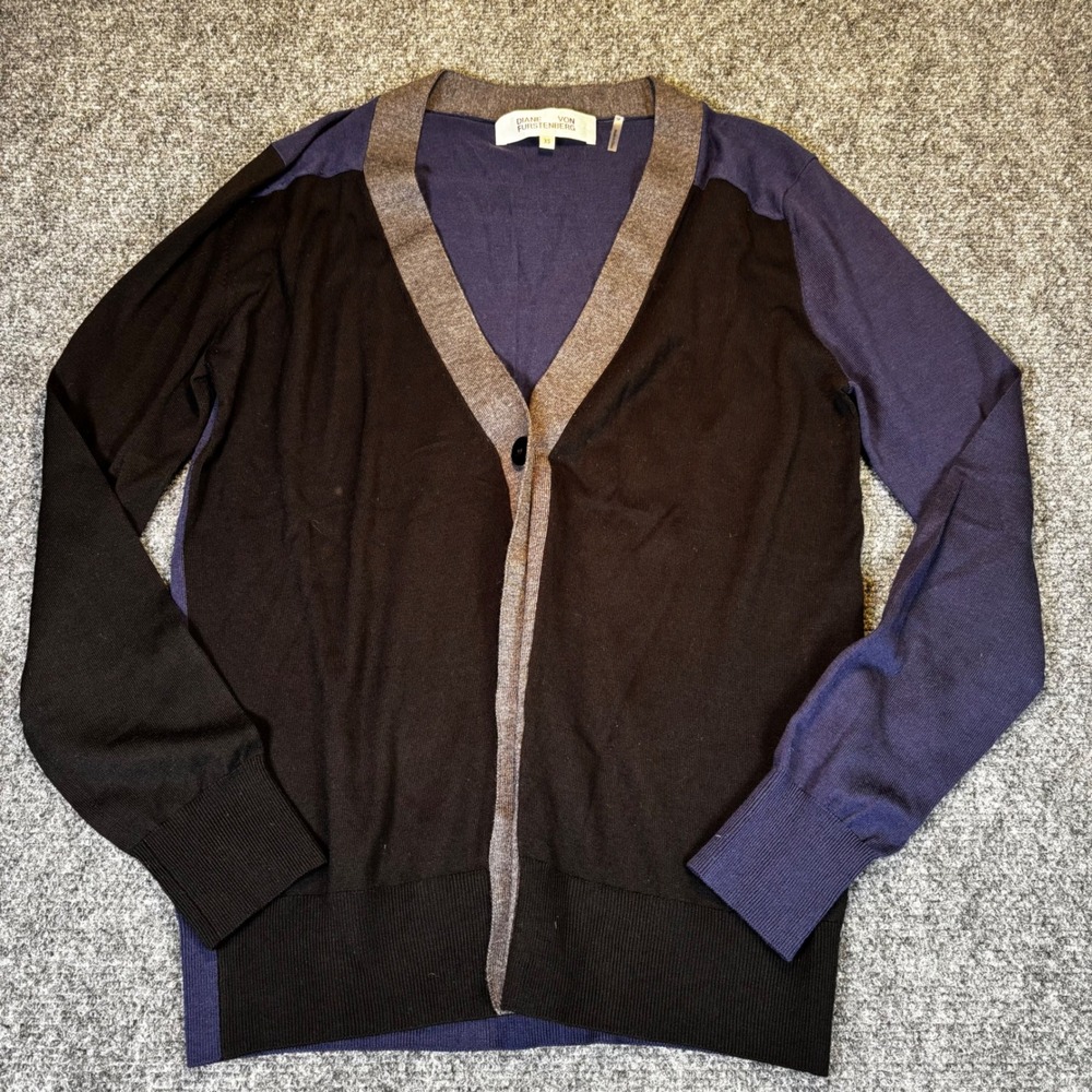 Diane von Furstenberg Cardigan Womens XS Black Blue Merino Wool Colorblock VNeck